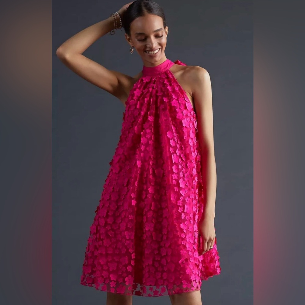EVA FRANCO Hot Pink Orchid Petal Neck Tie Halter Swing Mini Dress - Size 2 - NWT